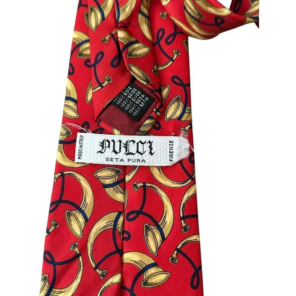 Vintage Pucci Men's Red Horn Print 100% Silk Neck Tie made in Italy designer
